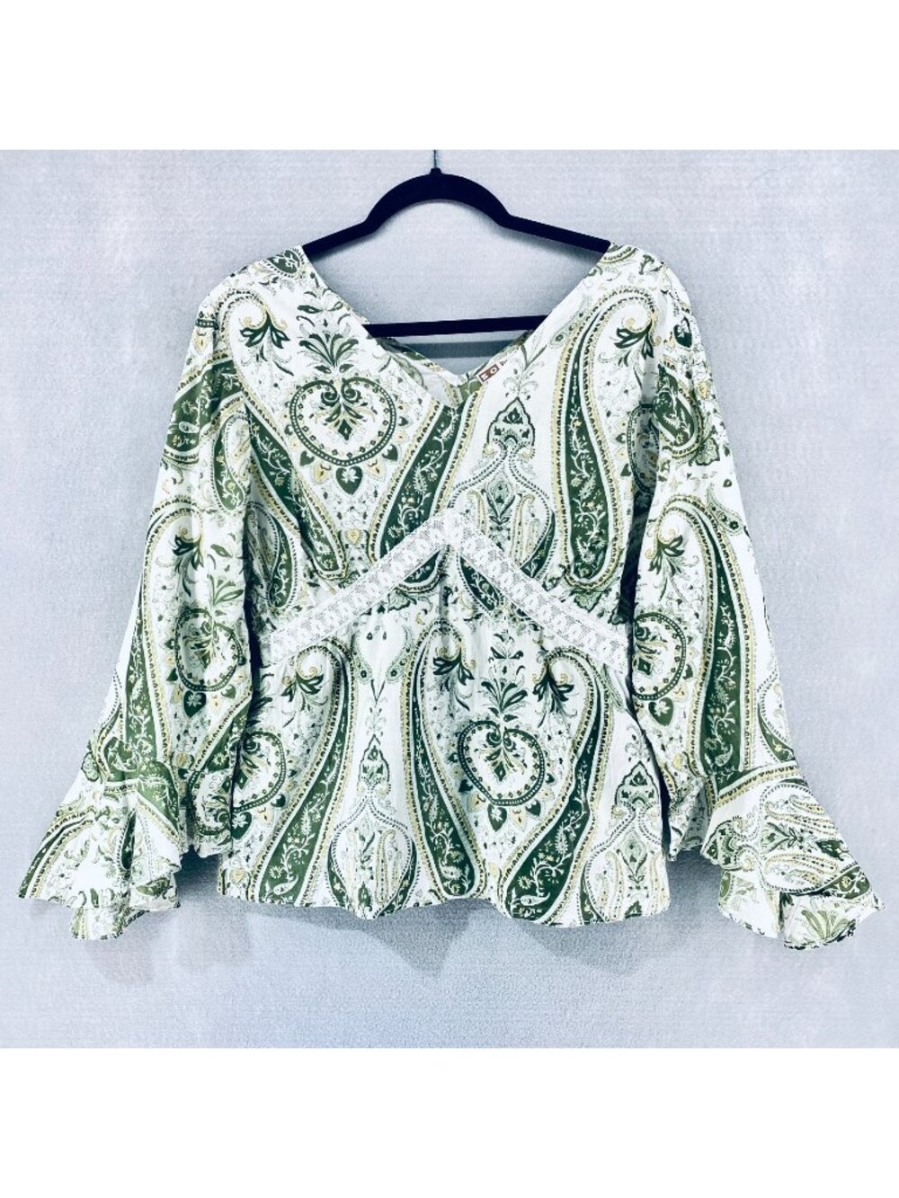 Vintage y2k Top Womens L Green Cotton Paisley Bell Sleeve Cottage Fairy Boho